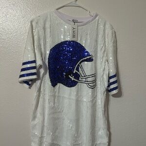 WHY White Sequin Short Sleeve Tee with Royal Blue Helmet Graphic